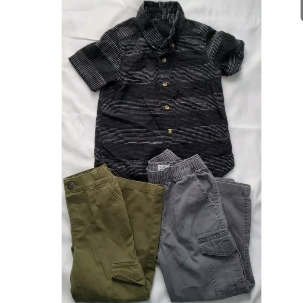 Toddler Boys Collar Short Sleeve Shirt Cargo Green Pants and Gray Pants Size 4T